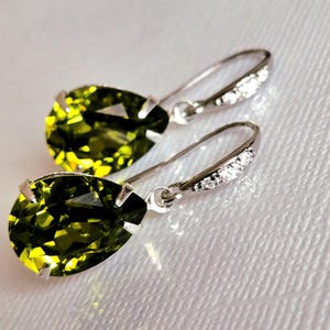Olive Green Earrings, Olivine Crystal Earrings, Green Small Teardrop Wedding Earrings, Olivine Bridesmaid Prom Jewelry Green Dangle Earrings