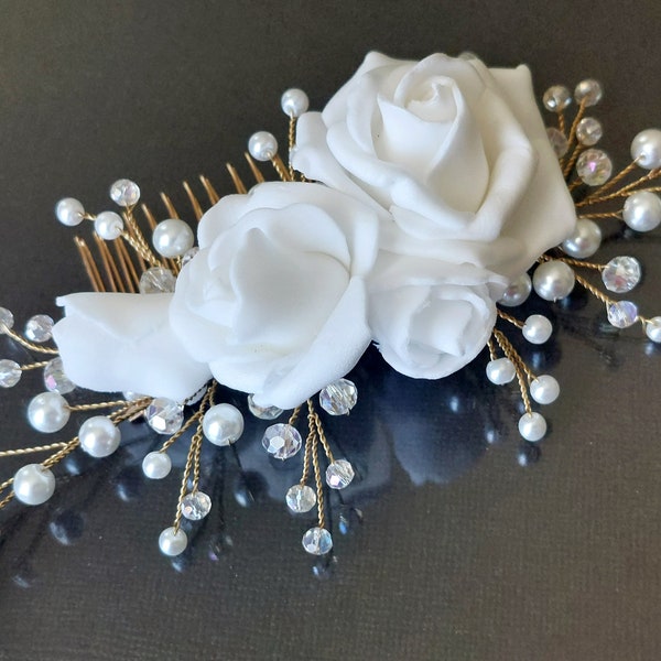 Pearl Crystal Floral Gold Hair Comb, White Pearl Flower Wedding Hair Piece, Bridal Headpiece, Wedding Side Hair Comb Bridal Hair Accessories