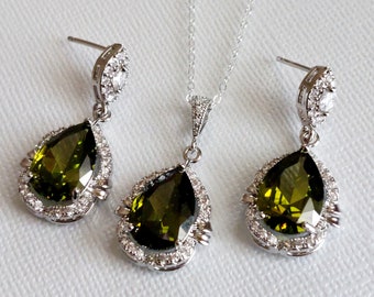 Olivine Crystal Jewelry Set, Olivine Teardrop Earrings Set, Olive Green Crystal Pendant, Wedding Olivine Jewelry Bridal Olive Green Jewelry