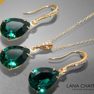 Emerald Green Crystal Gold Jewelry Set, Swarovski Emerald Earrings Necklace Small Set, Teardrop Earrings, Wedding Bridal Emerald Jewelry Set