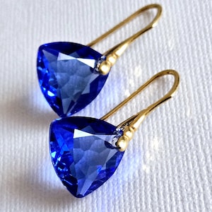 Blue Crystal Earrings, Sapphire Gold Triangle Earrings, Royal Blue Wedding Earrings, Blue Bridal Prom Earrings Blue Sapphire Wedding Jewelry