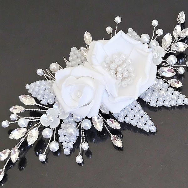 White Floral Wedding Side Hair Comb, Pearl Flower Wedding Trendy Hair Piece, Bridal Hair Jewelry