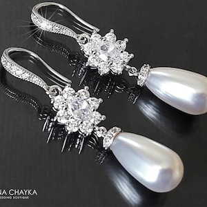 White Pearl Bridal Chandelier Earrings, Teardrop Pearl Wedding Earrings, Pearl Silver Statement Earrings, Bridal Pearl Jewelry, Prom Jewelry