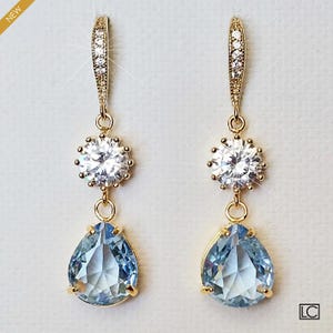 Blue Crystal Wedding Earrings, Sky Blue Gold Chandelier Earrings, Light Blue Bridal Dangle Earrings, Wedding Bridal Blue Teardrop Earrings