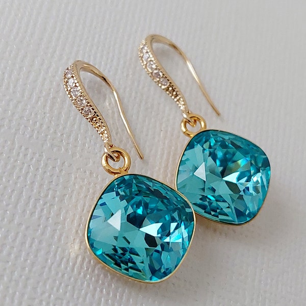 Light Turquoise Gold Earrings, Teal Turquoise Cushion Cut Dangle Earrings, 1.18" Long Light Teal Gold Earrings, Teal Wedding Bridal Jewelry