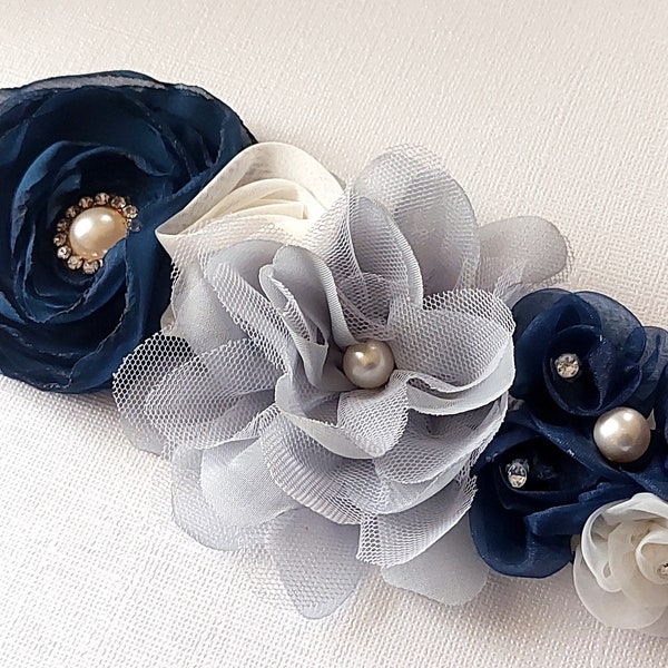 Navy Blue Light Grey White Sash, Wedding Blue Gray Floral Dress Sash, Blue Grey Rustic Belt, Flower Girl Sash, Wedding Belt, Maternity Sash