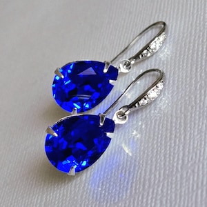 Blue Crystal Small Earrings, Majestic Blue Teardrop Earrings, Cobalt Dangle Earrings, Sapphire Bridesmaids Jewelry, Royal Blue Prom Earrings