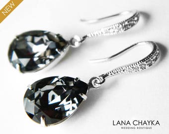 Silver Night Crystal Earrings, Charcoal Teardrop Earrings, Deep Gray Dangle Wedding Earrings, Dark Grey Bridesmaid Jewelry Charcoal Earrings