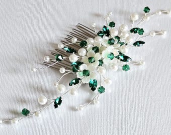 Green White Wedding Side Hair Comb, Emerald Bridal Trendy Hairpiece,  Weddings Hair Jewelry Accessory