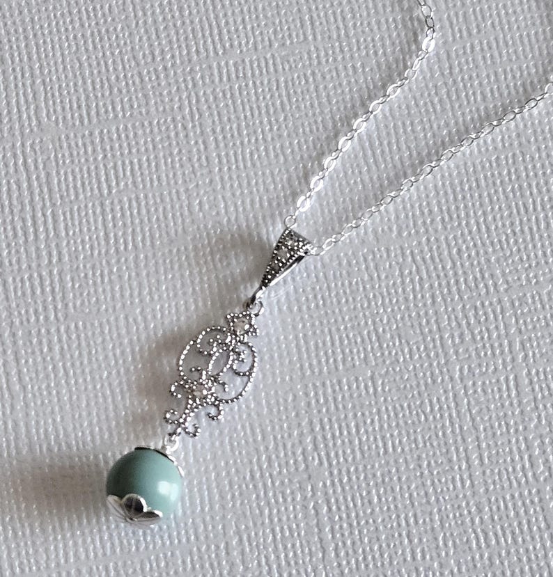 Jade Mint Pearl Silver Earrings Necklace Set, Aqua Green Pearls Studs, Jade Women Jewelry image 14