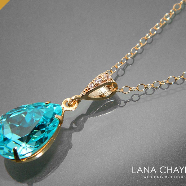 Light Turquoise Crystal Necklace Swarovski Turquoise Rhinestone Gold Pendant Teal Teardrop Wedding Necklace Turquoise Gold Bridal Necklace