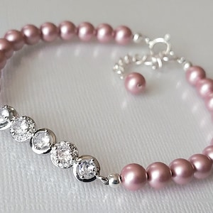 Powder Pink Rose Pearl Bracelet, Pink Pearl Bridal Bracelet, Powder Pink Wedding Bracelet, Blush Pink Bridal Jewelry, Pink Silver Bracelet