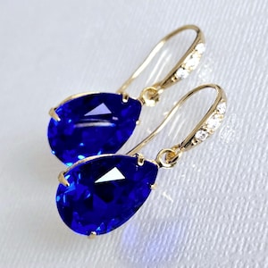 Blue Crystal Earrings, Majestic Blue Teardrop Earrings, Cobalt Gold Dangle Earrings, Sapphire Bridesmaid Jewelry, Royal Blue Prom Earrings