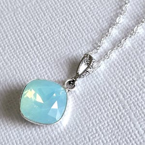 Aqua Blue Crystal Necklace, Pacific Opal Cushion Cut Crystal Pendant, Sea Foam Square Wedding Necklace, Aqua Teal Opal Beach Wedding Jewelry
