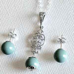 Jade Mint Pearl Silver Earrings Necklace Set, Aqua Green Pearls Studs, Jade Women Jewelry image 11