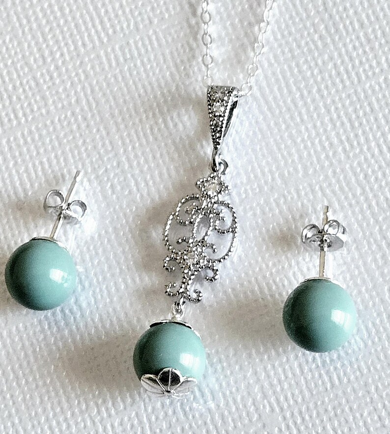 Jade Mint Pearl Silver Earrings Necklace Set, Aqua Green Pearls Studs, Jade Women Jewelry image 11