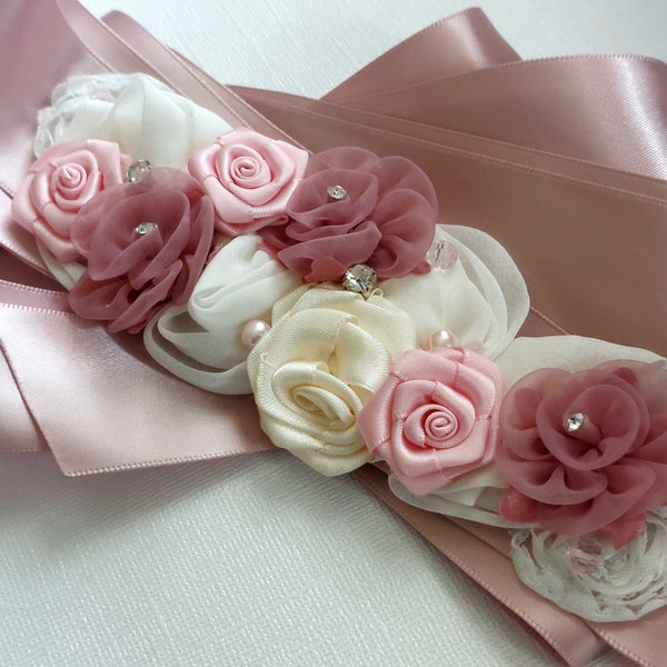 Blush Pink Sash, Pink Bridal Belt, Dusty Rose Wedding Sash, Pink Dress Satin Sash, Pink Belt Pink Maternity Sash Embellished Flower Sash