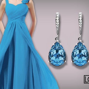 Aqua Blue Crystal Earrings, Aquamarine Teardrop Silver Earrings, Wedding Light Blue Dangle Earrings, Bridesmaid Blue Earrings Something Blue