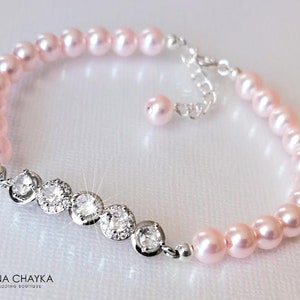 Pink Pearl Bridal Bracelet, Light Pink Pearl Bracelet, Wedding Bridal Bracelet, Wedding Bridal Rosaline Jewelry Blush Pink Pearl CZ Bracelet
