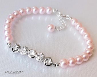 Pink Pearl Bridal Bracelet, 7.32"Light Pink Wedding Prom Trendy Bracelet, Wedding Blush Pink Rosaline Jewelry