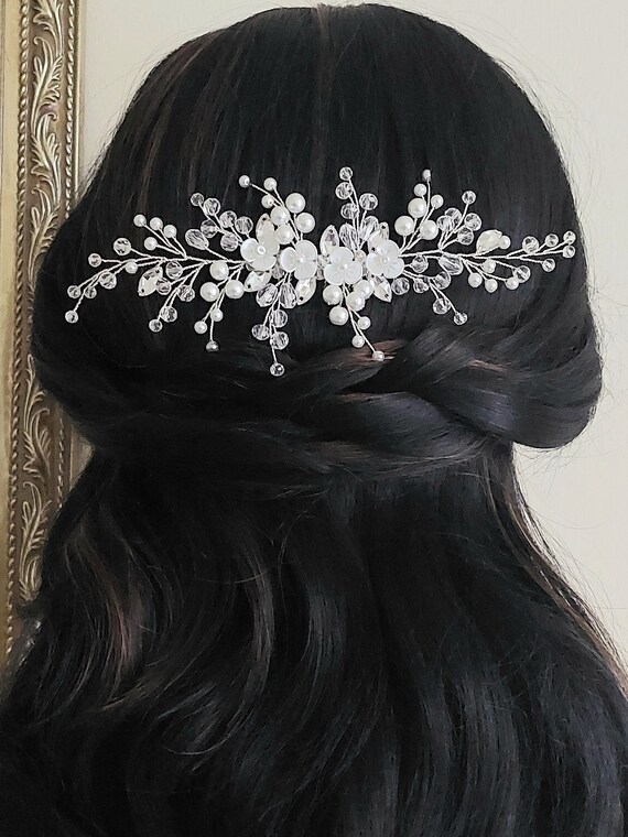 Crystal Pearl Bridal Hair Comb, White Pearl Crystal Hair  display picture 2