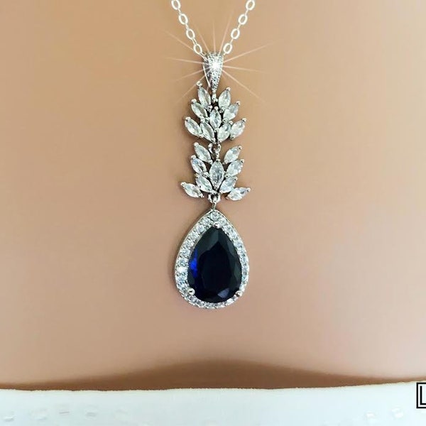 Navy Blue Crystal Wedding Necklace, Sapphire Blue Teardrop Pendant, Dark Blue CZ Bridal Necklace, Deep Blue Wedding Pendant, Bridal Jewelry