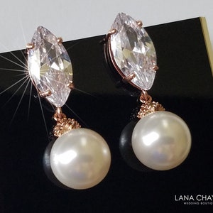 Pearl Wedding Earrings, White Pearl Rose Gold Bridal Earrings, 1.10&quot; Pink Gold Pearl Marquise Earrings, Rose Gold Wedding Bridal Jewelry