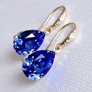 Blue Sapphire Crystal Earrings, 1&quot; Blue Gold Wedding Dangle Earrings, Royal Blue Teardrop Bridal Earrings, Sapphire Bridesmaids Prom Jewelry