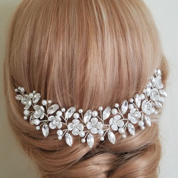Bridal Hair Piece, Wedding Pearl Crystal Headpiece, White Pearl Rhinestone Hairpiece, Pearl Crystal Floral Hair Piece, Pearl Crystal Vine
