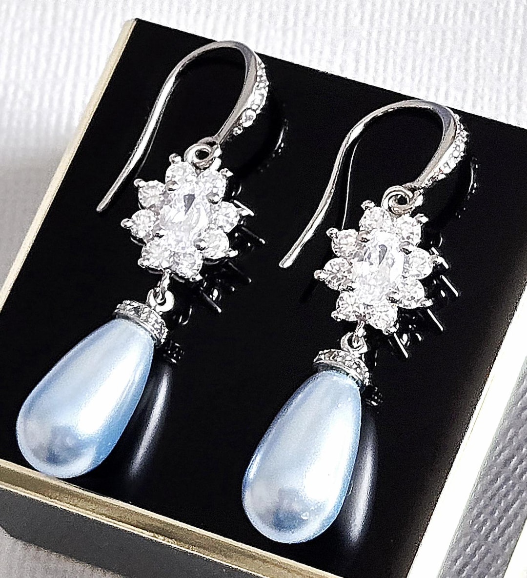 Blush Blue Teardrop Pearl CZ Wedding Bridal Chandelier Earrings