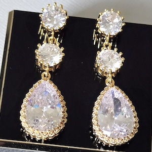 Crystal Gold Bridal Earrings, Cubic Zircon Wedding Earrings, Crystal Teardrop Chandelier Earrings, Bridal Statement Earrings Wedding Jewelry