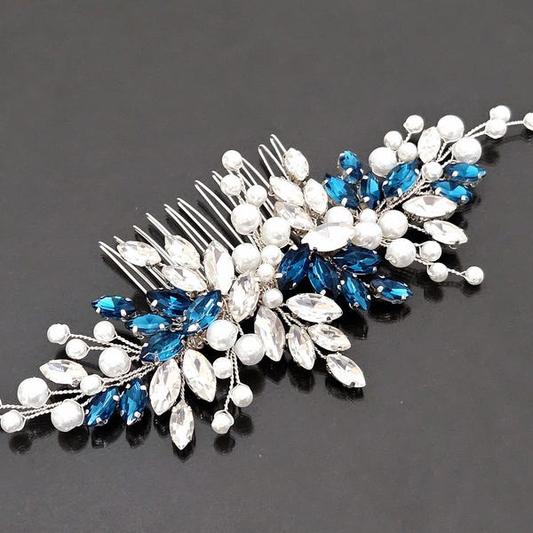 Teal White Wedding Side Hair Comb, Indicolite Bridal Hairpiece, Wedding Hair Accessory