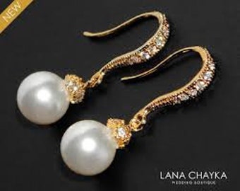 White Pearl Bridal Earrings, Swarovski 8mm Pearl Gold Earrings, Pearl Drop Dangle Earrings, Wedding Bridesmaid Pearl Jewelry, Prom Earrings