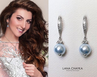 Boucles d'oreilles en perles bleu clair, boucles d'oreilles Blue Pearl Drop Silver CZ, petites ou grandes boucles d'oreilles de mariage en perles bleues, boucles d'oreilles de bal de bijoux de demoiselle d'honneur