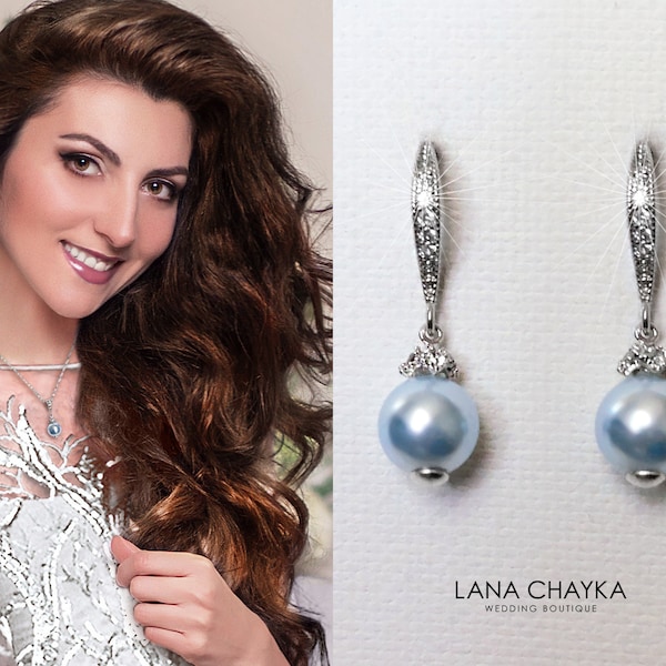 Light Blue Pearl Earrings, Blue Pearl Drop Silver CZ Earrings, Small or Large Blue Pearl Wedding Earrings, Bridesmaid Jewelry Prom Earrings