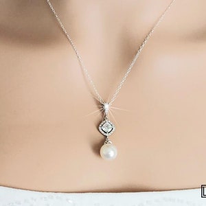 Pearl Bridal Jewelry Set, White Pearl Wedding Earrings Necklace Set, Pearl Chandelier Earrings, White Pearl Pendant, Wedding Pearl Jewelry image 5