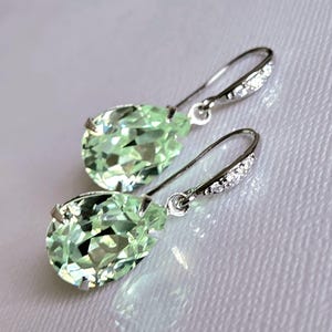 Chrysolite Green Crystal Earrings, Chrysolite Teardrop Silver Earrings, Light Green Dangle Earrings, Green Wedding Bridesmaid Prom Jewelry