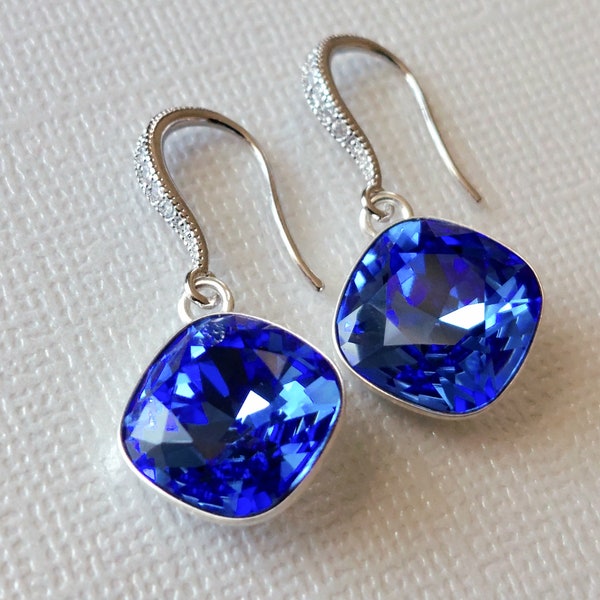 Sapphire Crystal Earrings, 1.18" Royal Blue Cushion Cut Dangle Earrings, Blue Silver Crystal Wedding Bridal Earrings, Sapphire Women Jewelry