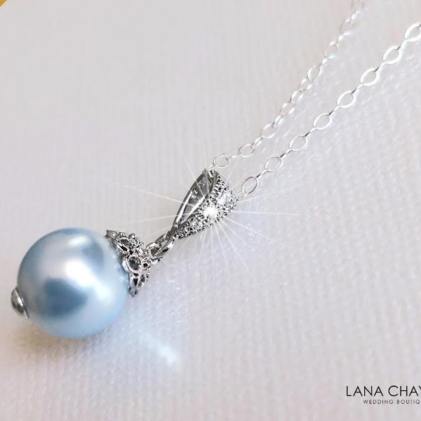 Blue Pearl Wedding Necklace, Light Blue Pearl Drop Pendant, Blush Blue Silver Necklace, Blue Bridal Necklace, Something Blue Wedding Pendant