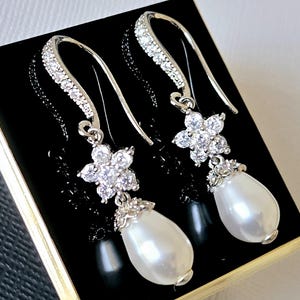 Pearl Bridal Earrings, White Teardrop Pearl Chandelier Earrings, Pearl CZ Dangle Earrings, Wedding Pearl Jewelry, Pearl Statement Earrings