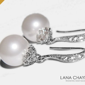 White Pearl Bridal Earrings, Wedding Pearl Earrings, Pearl Drop Silver Earrings, Pearl Wedding Classic Earrings, Bridesmaids Pearl Jewelry