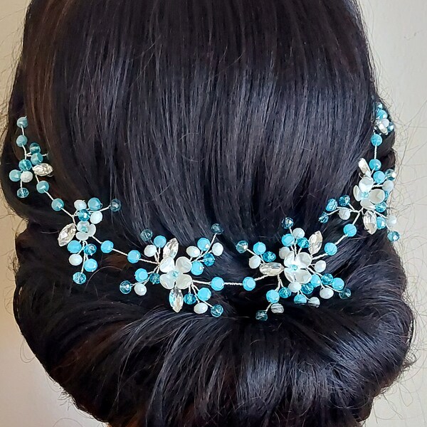 Teal Crystal Bridal Hair Vine, Teal White Wedding Hair Piece, Bridal Teal Hair Wreath, Teal Crystal Hair Accessories, Teal Floral Headpiece