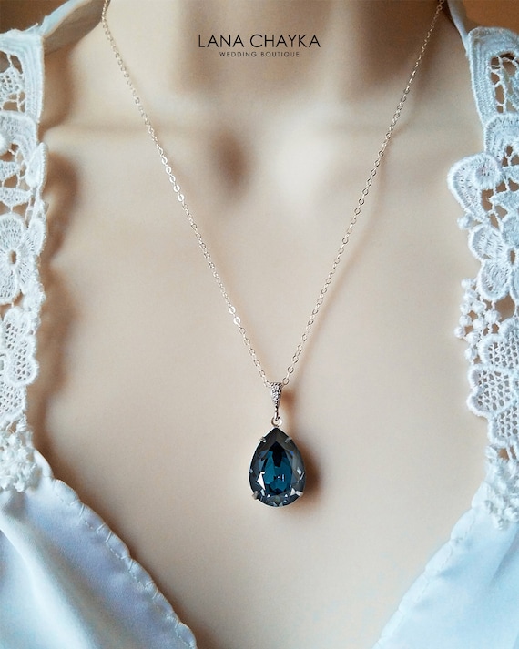 Navy Blue Crystal Necklace, Swarovski Montana Teardrop Necklace, Dark Blue Silver Wedding Necklace, Bridal Bridesmaids Navy Blue Jewelry Navy Blue Crystal Necklace, Swarovski Montana Teardrop Necklace, Dark Blue Silver Wedding Necklace, Bridal Bridesmaids Navy Blue Jewelry