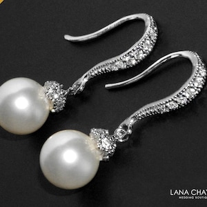 White Pearl Drop Earrings, Pearl Bridal Dainty Earrings, Pearl Dangle Wedding Earrings, Bridal Jewelry, Bridesmaids Earrings, Prom Earrings