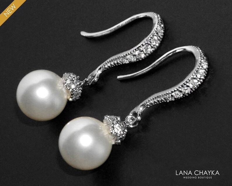 White Pearl Drop Earrings Pearl Bridal Earrings Swarovski - Etsy