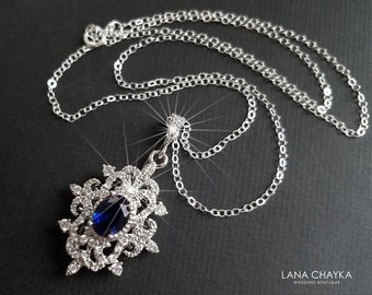 Navy Blue Crystal Necklace, Sapphire Crystal Necklace, Wedding Navy Blue Jewelry, Cubic Zirconia Bridal Necklace, Royal Blue Silver Pendant