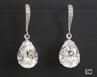 DUIDELIJKE Crystal Wedding Oorbellen, Swarovski Strass Teardrop Oorbellen, Bruidsbruidsmeisjes Kristallen Sieraden, Crystal Silver Dangle Oorbellen