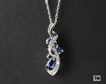 Navy Blue CZ Silver Women Necklace, Blue Branch Zirconia Prom Pendant, Navy Zircon Jewelry