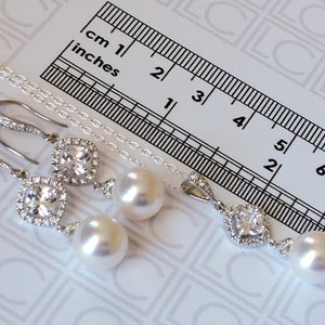 Pearl Bridal Jewelry Set, White Pearl Wedding Earrings Necklace Set, Pearl Chandelier Earrings, White Pearl Pendant, Wedding Pearl Jewelry image 10