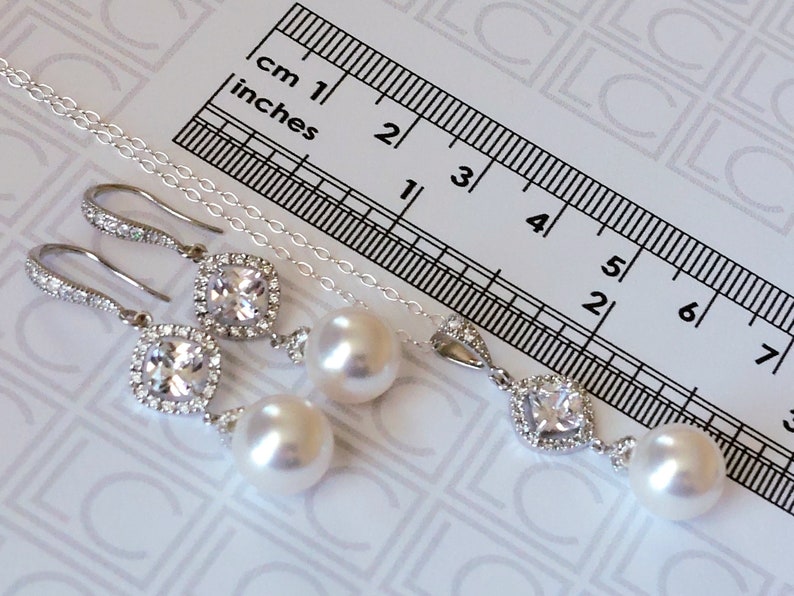 Pearl Bridal Jewelry Set, White Pearl Wedding Earrings Necklace Set, Pearl Chandelier Earrings, White Pearl Pendant, Wedding Pearl Jewelry image 10